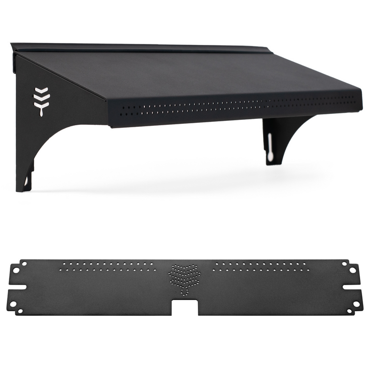 The image shows two black accessories for beekeeping hives. The top accessory is the Flow Weather Guard, designed to protect the hive entrance from weather conditions.