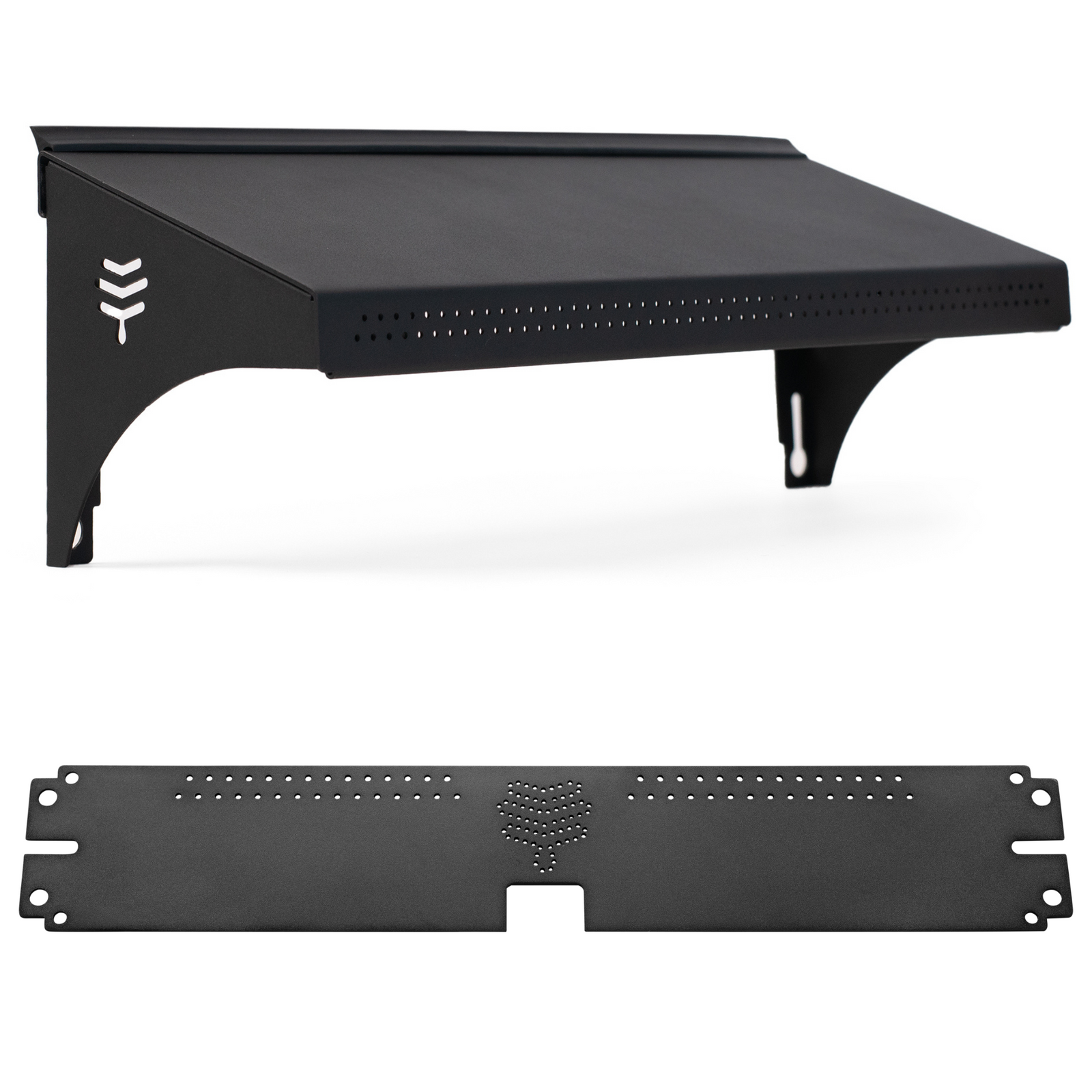 The image shows two black accessories for beekeeping hives. The top accessory is the Flow Weather Guard, designed to protect the hive entrance from weather conditions.